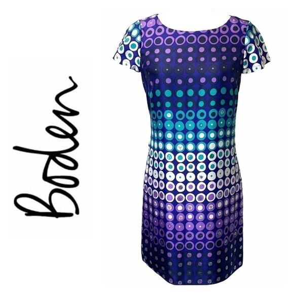 Boden 100% Silk Ombré Circle Print Shift Dress Size 4 Cobalt Blue Purple Sequin - Picture 14 of 14